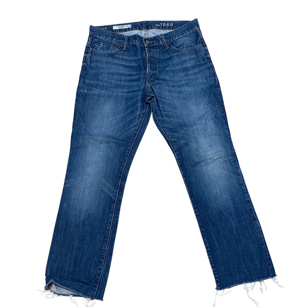 Gap 1969 Authentic Skinny Mens Jeans 33x32 Rincon Blue Button Fly Raw Hem Denim